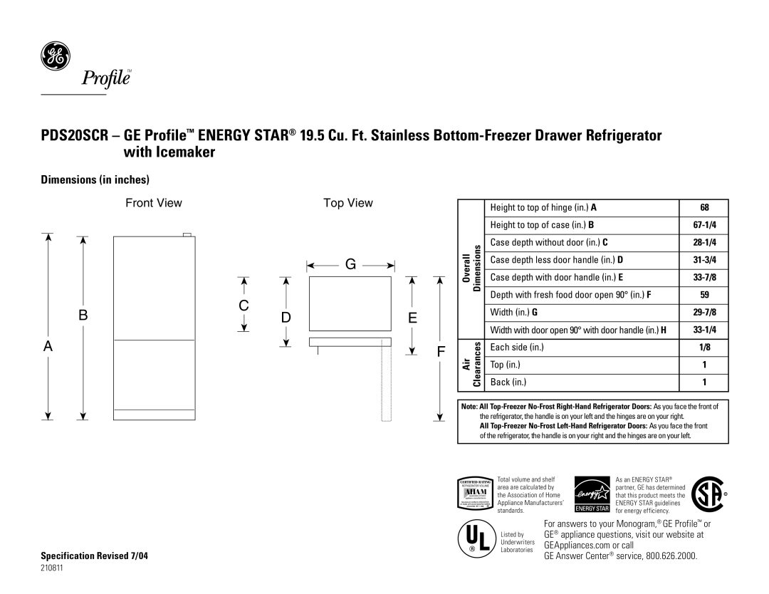 GE PDS20SCRSS dimensions Bde, Air, Specification Revised 7/04 