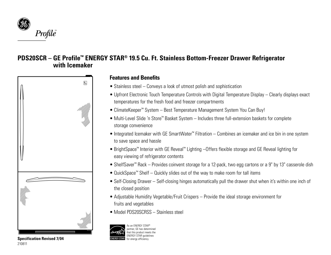 GE PDS20SCRSS dimensions Features and Benefits 