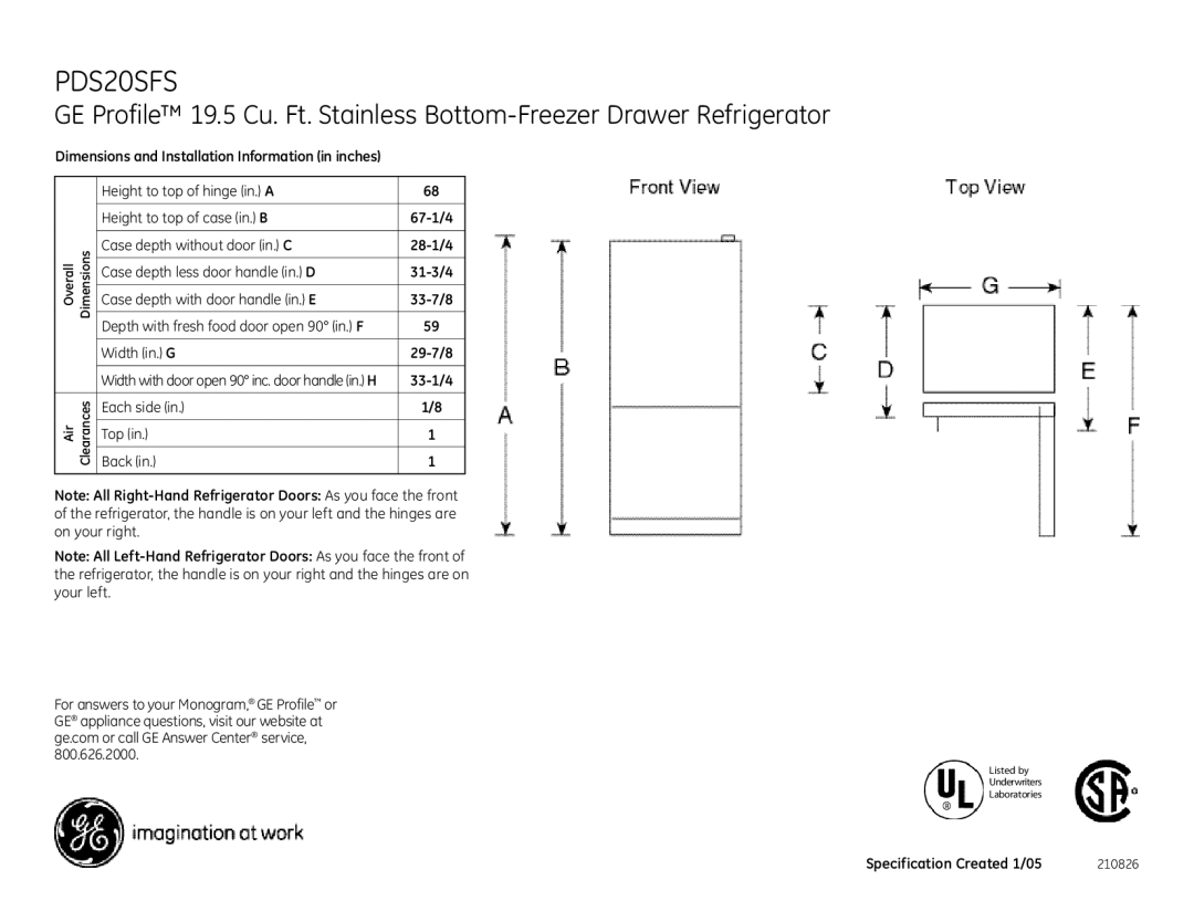 GE PDS20SFS dimensions 33-1/4, Each side Top Back, Specification Created 1/05 