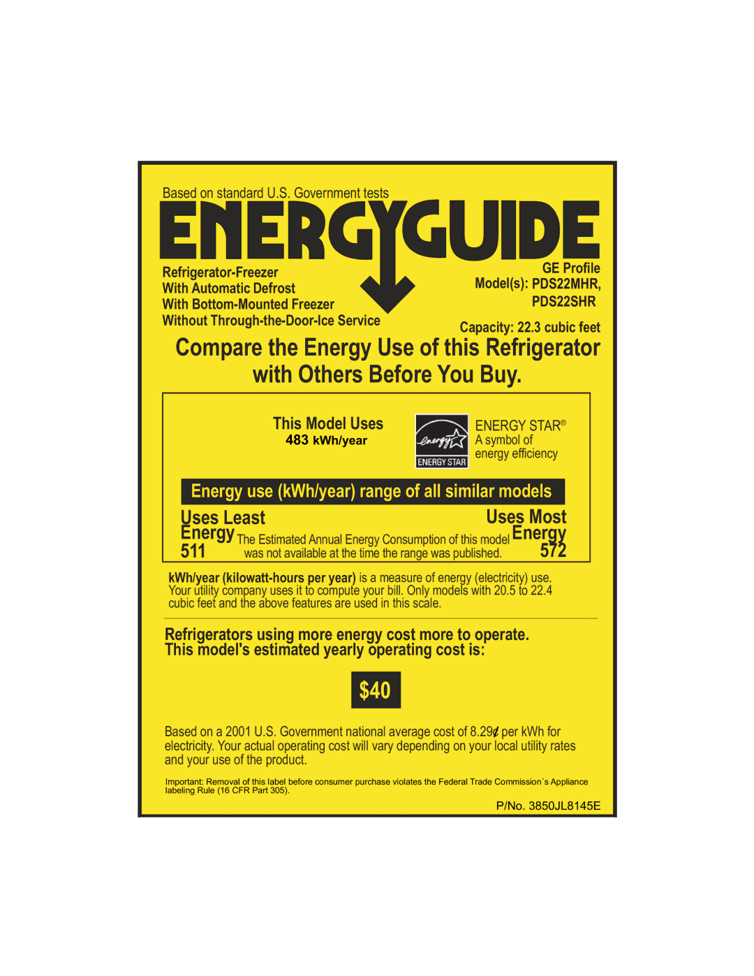 GE PDS22MHRWW, PDS22MHRCC manual $40, Uses Least, 511, 572 