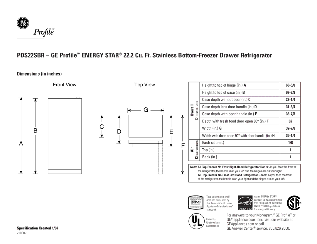 GE PDS22SBRSS dimensions Dimensions in inches, Front View Top View 