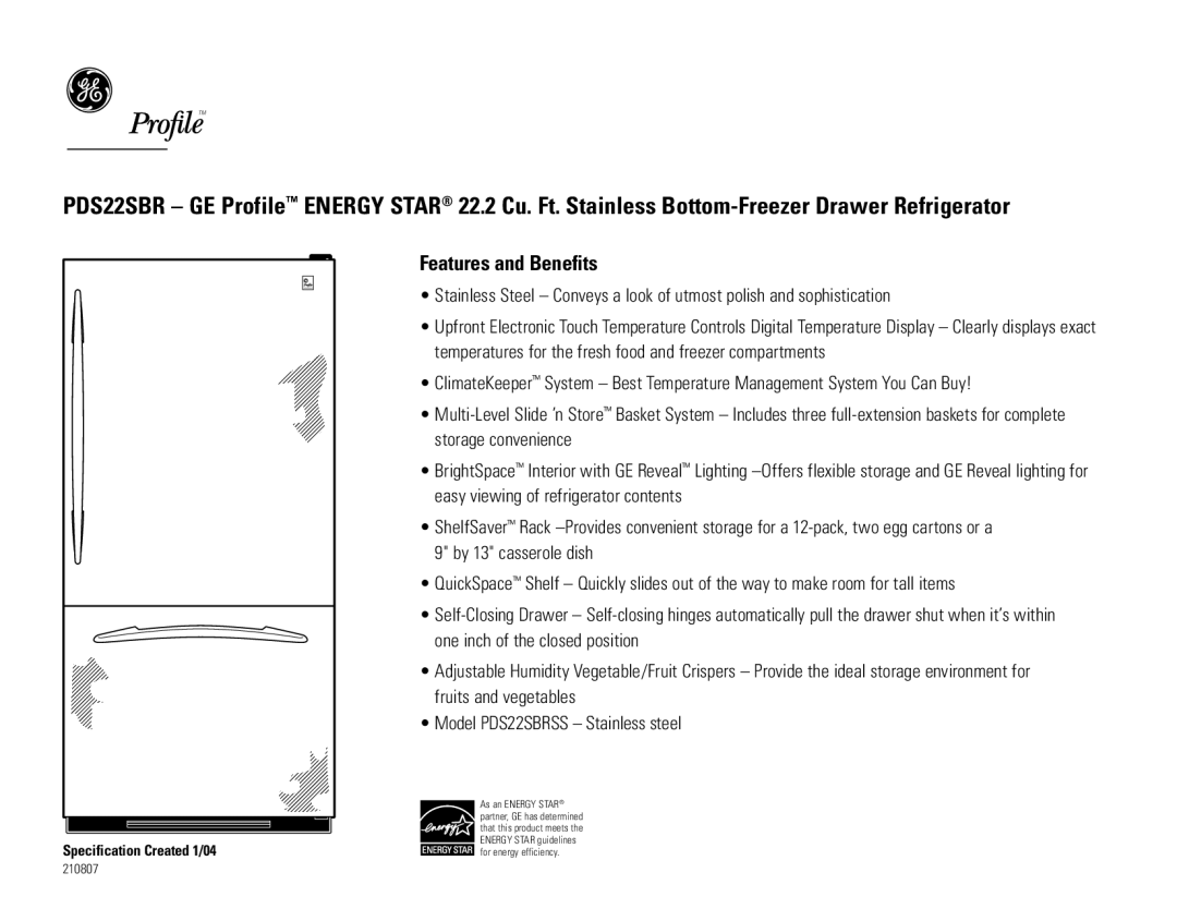 GE PDS22SBRSS dimensions Features and Benefits 