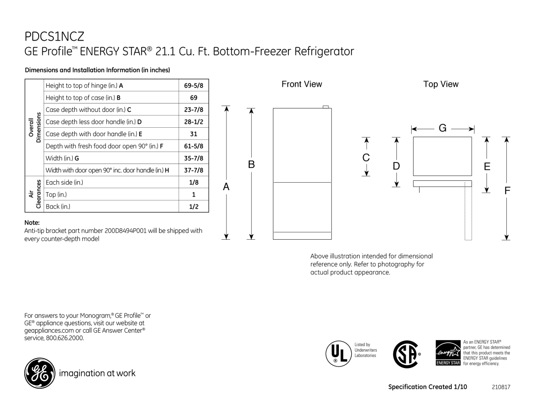 GE PDCS1NCZRSS, PDSS0MFX, PDCS1NCZLSS dimensions Front View Top View 