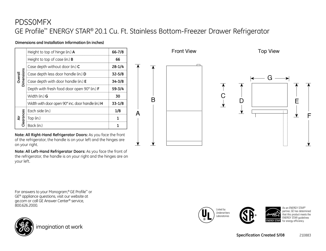 GE PDSS0MFXLSS dimensions Front View Top View 