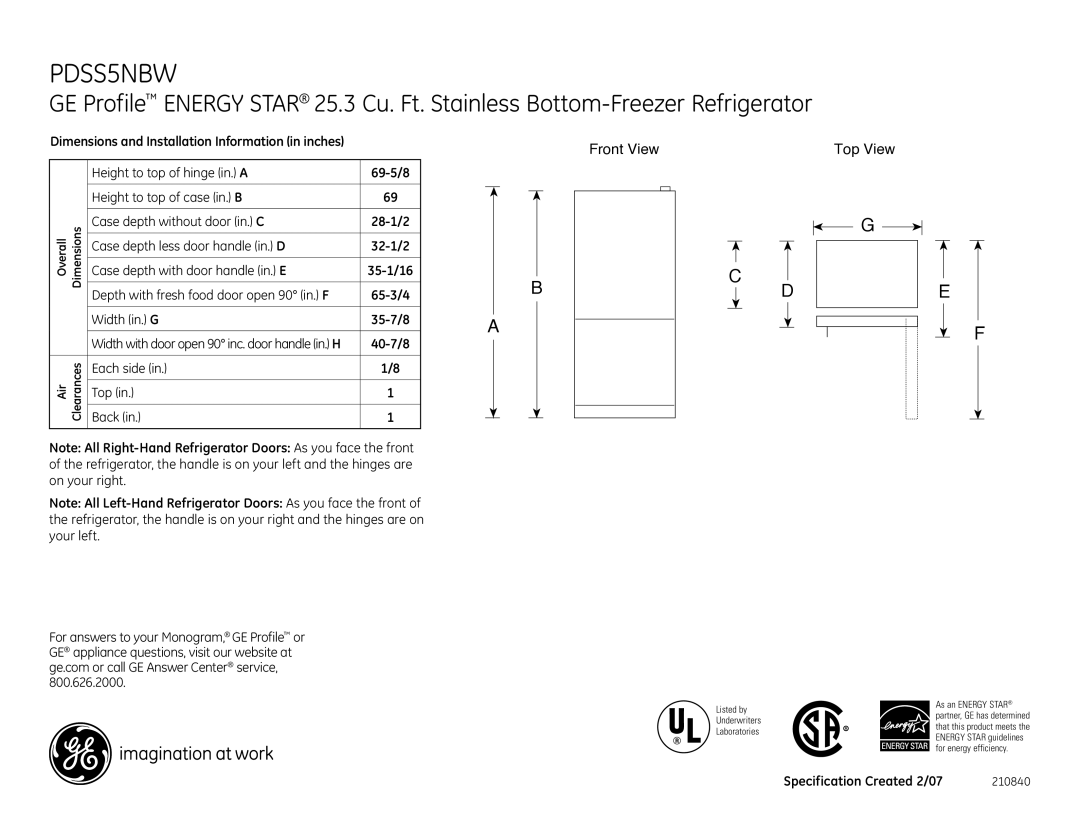 GE PDSS5NBW dimensions Front View Top View, 40-7/8, Each side Back Top, Specification Created 2/07 