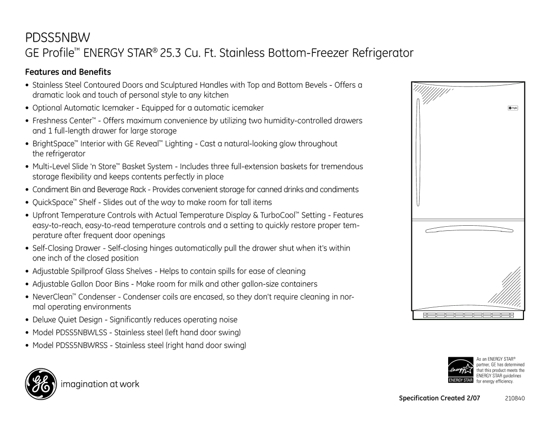 GE PDSS5NBW dimensions Features and Benefits 