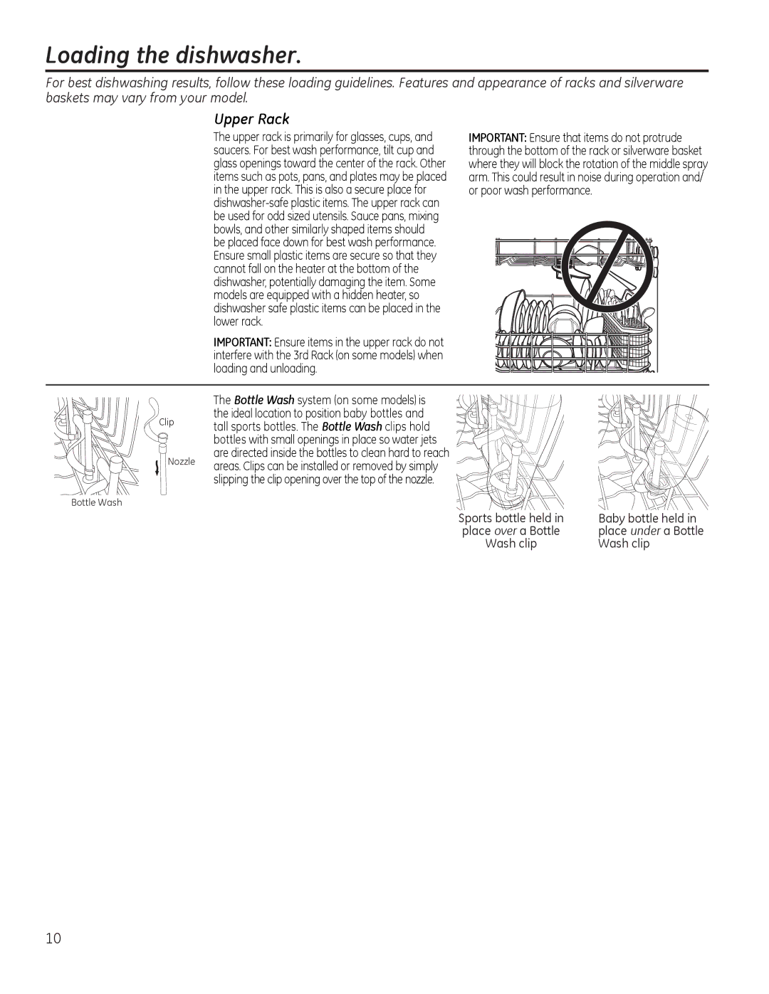 GE PDT750-760, GDT580-740, GDF570, DDT575, CDT725-765 Loading the dishwasher, Upper Rack, Baby bottle held, Wash clip 