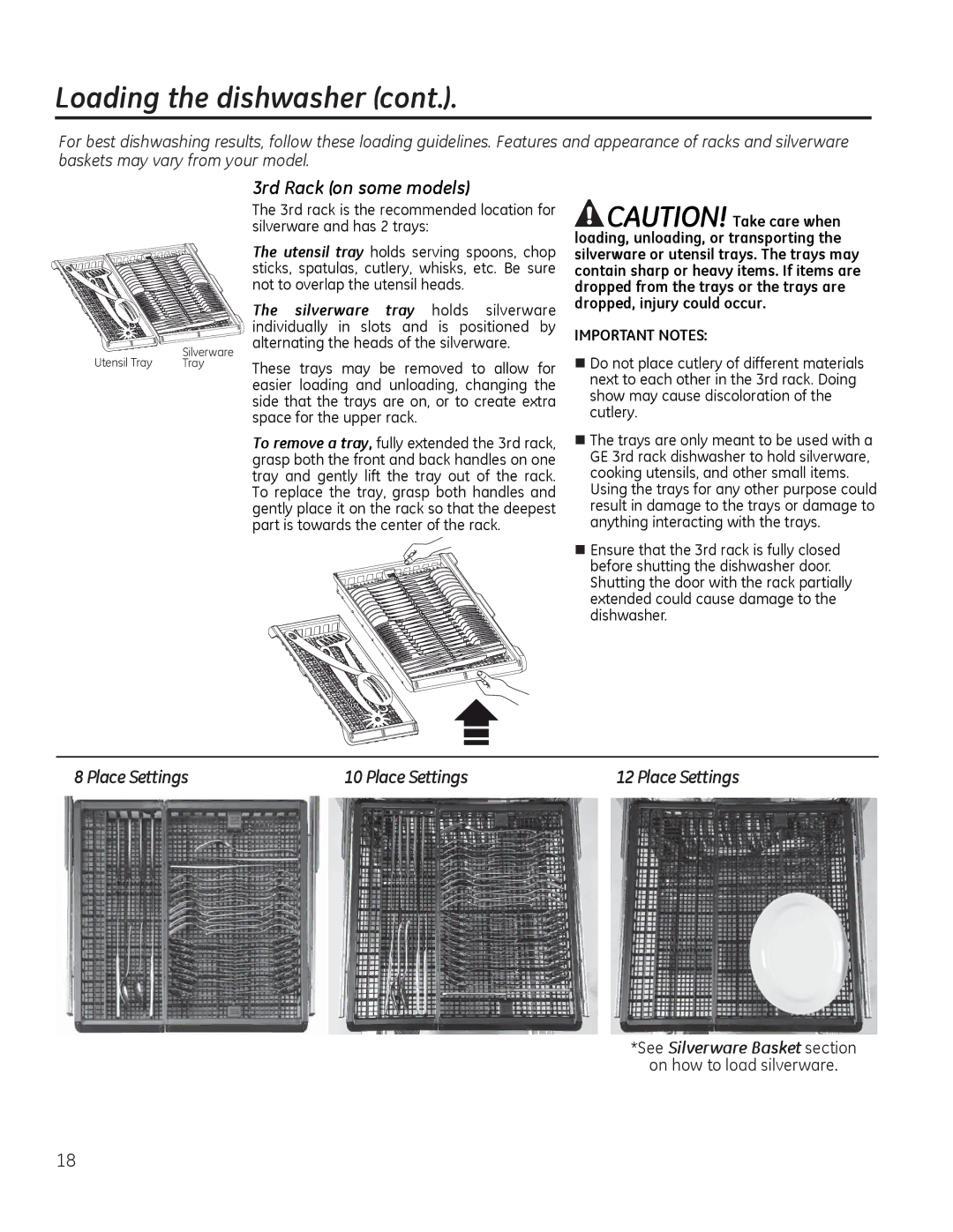 GE DDT575, PDT750-760, GDT580-740, GDF570, CDT725-765 3rd Rack on some models, Place Settings, See Silverware Basket section 