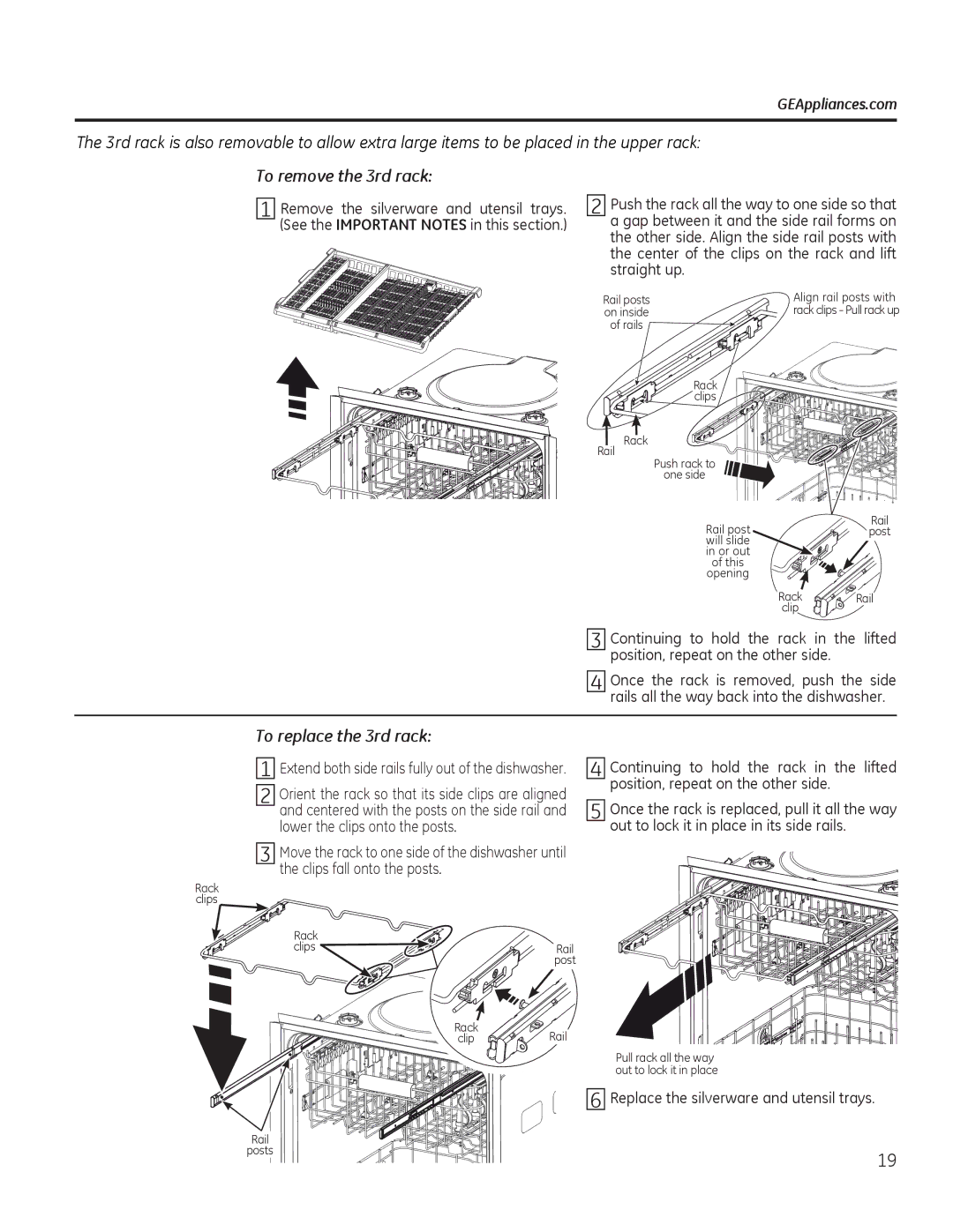 GE CDT725-765, PDT750-760, GDT580-740, GDF570, DDT575 owner manual To remove the 3rd rack, To replace the 3rd rack 