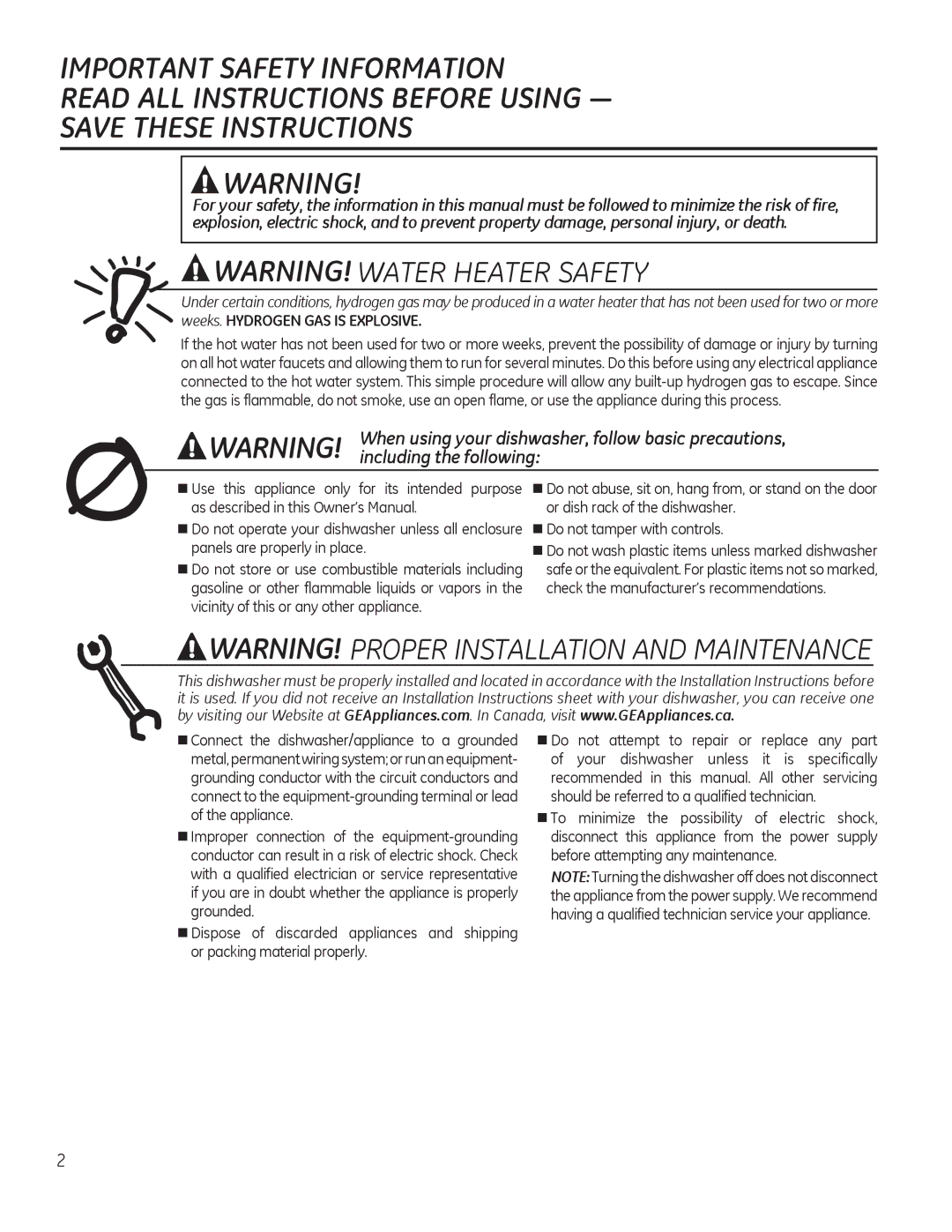 GE GDF570, PDT750-760, GDT580-740, DDT575, CDT725-765 Important Safety Information, $$//,16758&7,216%2586,1*³ 