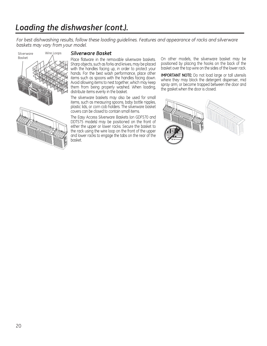 GE PDT750-760, GDT580-740, GDF570, DDT575, CDT725-765 owner manual Silverware Basket, Distribute items evenly in the basket 