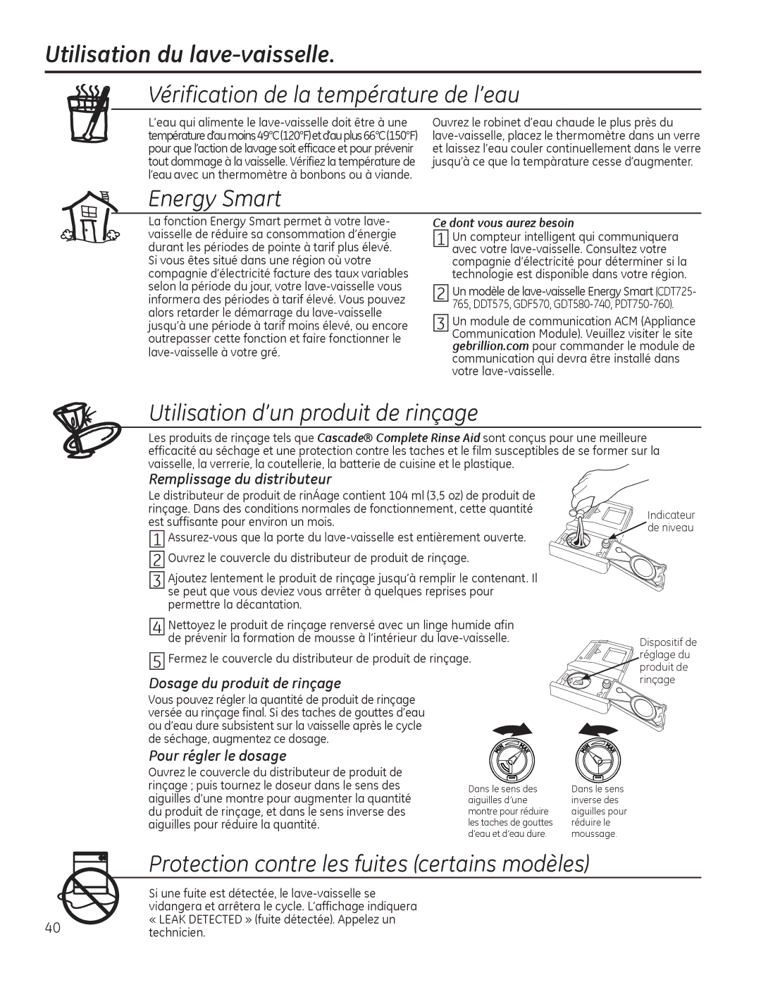 GE PDT750-760, GDT580-740, GDF570 Utilisation du lave-vaisselle, Remplissage du distributeur, Dosage du produit de rinçage 