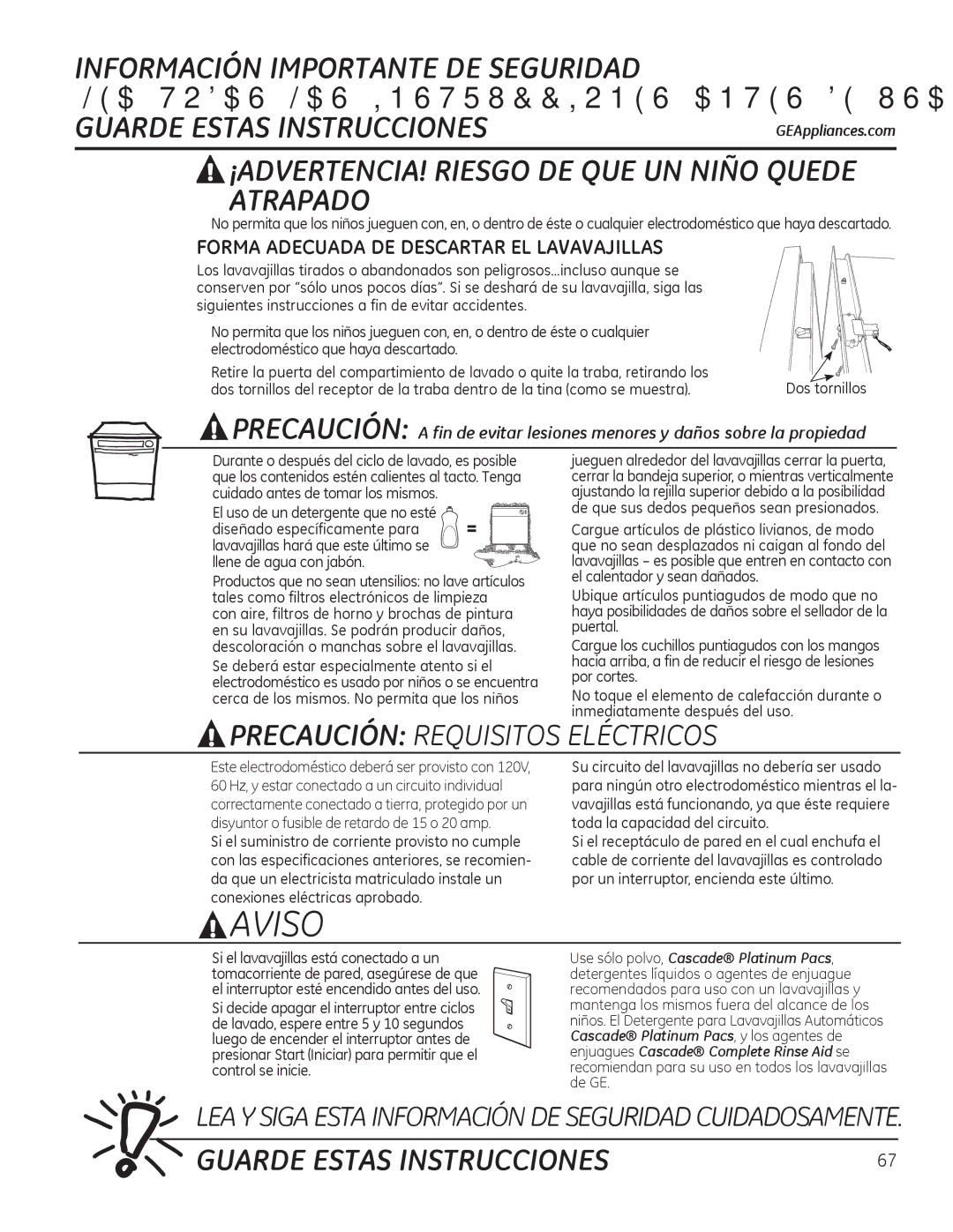 GE GDF570, DDT575 „ Su circuito del lavavajillas no debería ser usado, 60 Hz, y estar conectado a un circuito individual 