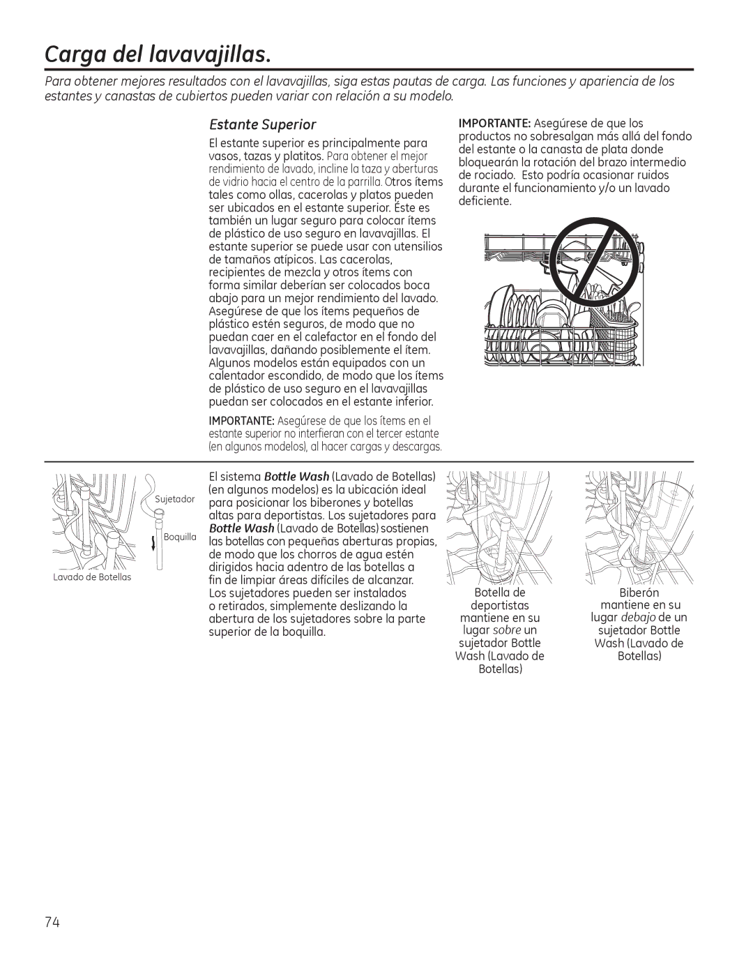 GE CDT725-765, PDT750-760, GDT580-740, GDF570, DDT575 owner manual Carga del lavavajillas, Estante Superior, Deportistas 