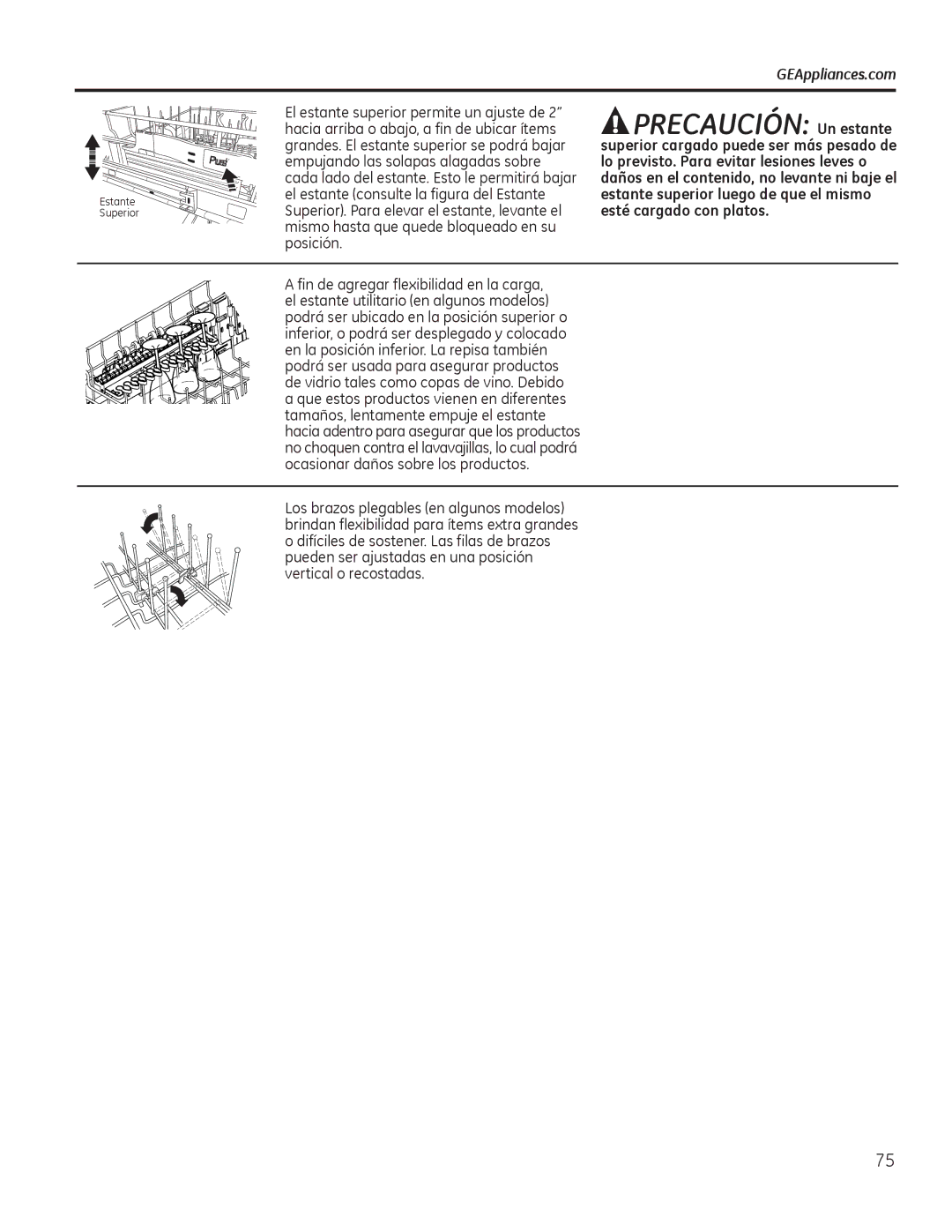 GE PDT750-760, GDT580-740, GDF570, DDT575, CDT725-765 owner manual Precaución Un estante 