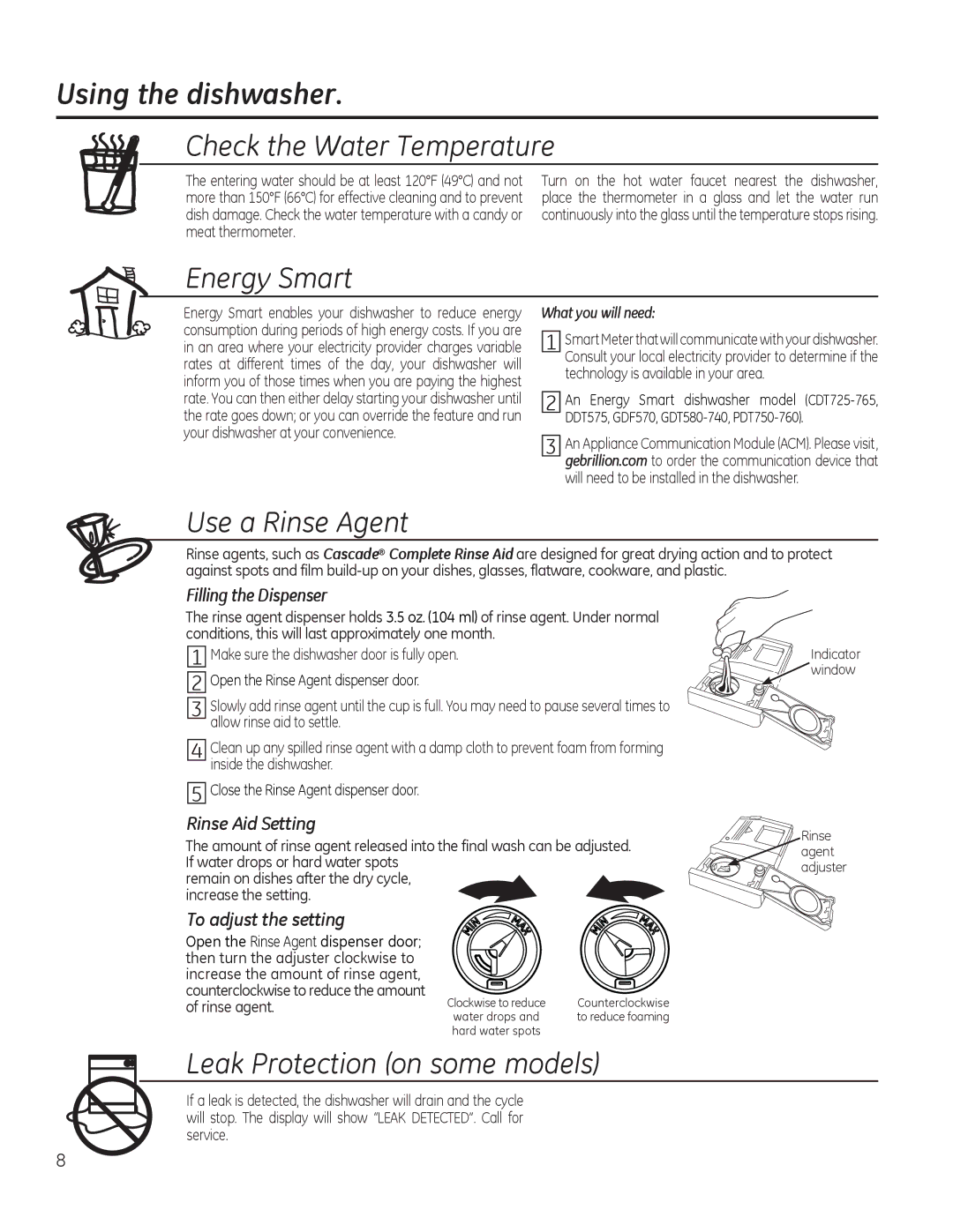 GE DDT575 Using the dishwasher, Filling the Dispenser, Rinse Aid Setting, To adjust the setting, What you will need 