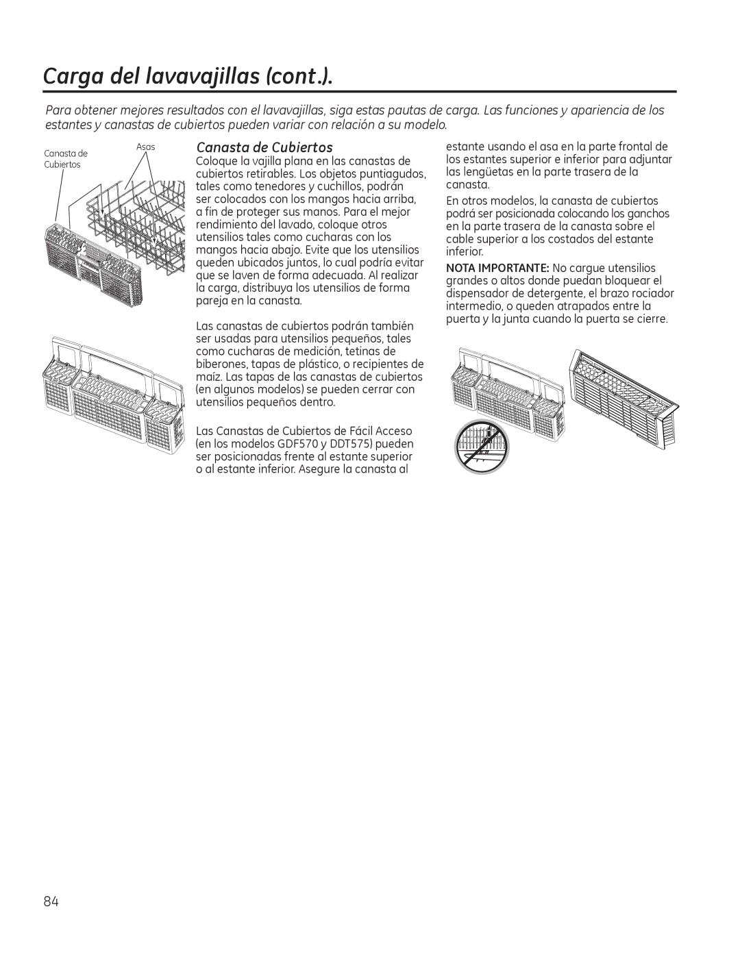 GE CDT725-765, PDT750-760, GDT580-740, GDF570, DDT575 owner manual Canasta de Cubiertos 