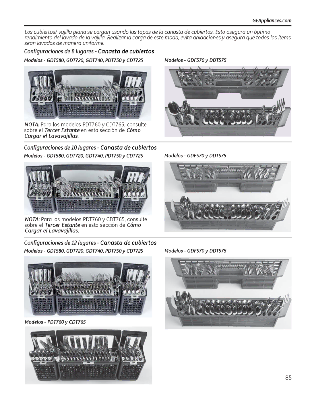 GE PDT750-760 Configuraciones de 8 lugares Canasta de cubiertos, Configuraciones de 10 lugares Canasta de cubiertos 