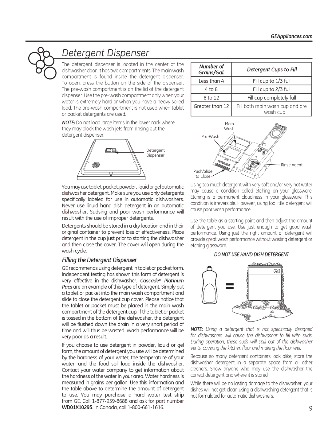 GE CDT725-765, PDT750-760, GDT580-740, GDF570 Filling the Detergent Dispenser, Number Detergent Cups to Fill, Wash cup 