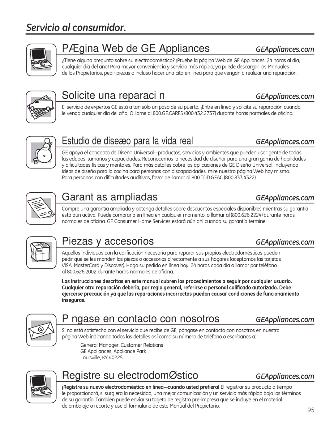 GE PDT750-760, GDT580-740 Servicio al consumidor Página Web de GE Appliances, Solicite una reparación, Garantías ampliadas 