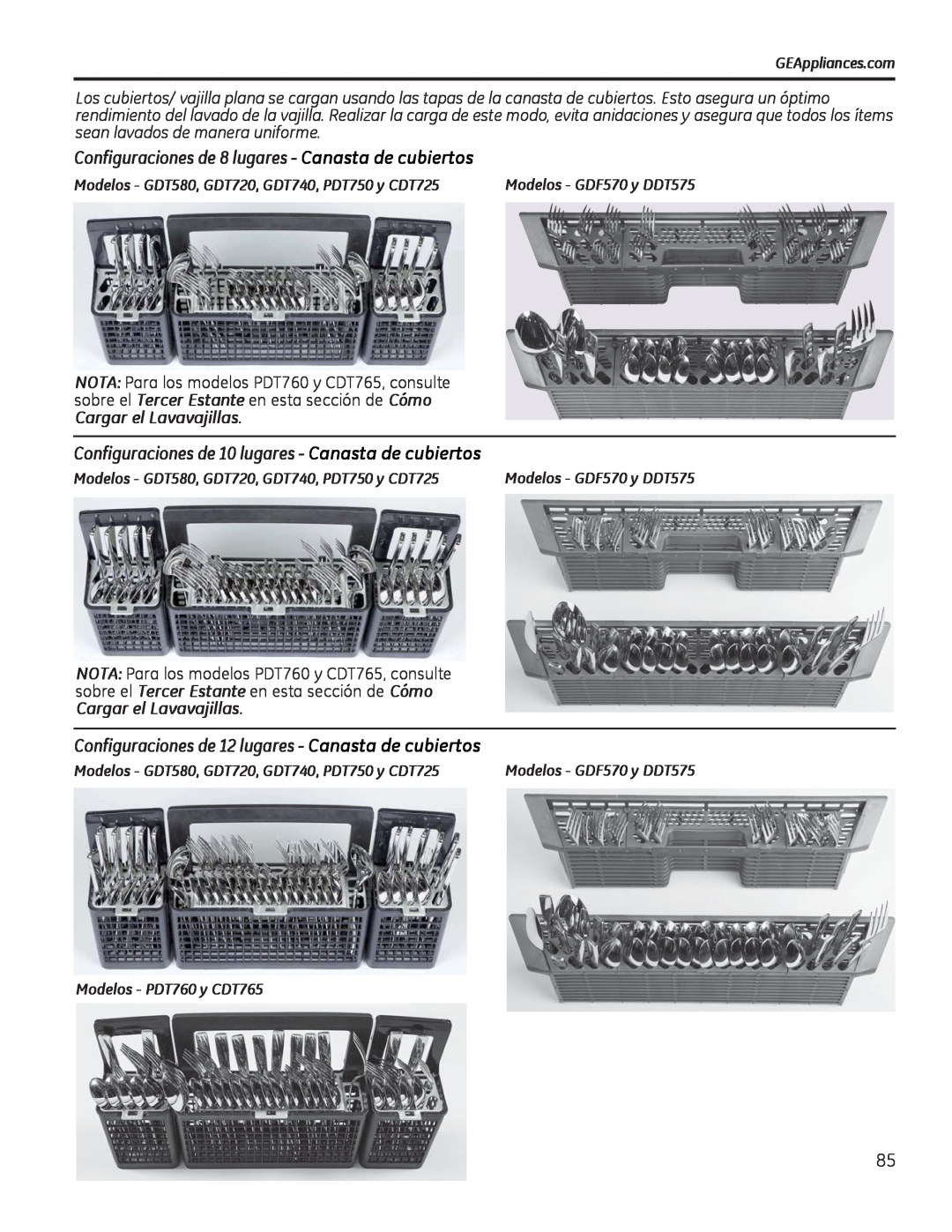GE PDT750-760 Configuraciones de 8 lugares - Canasta de cubiertos, Configuraciones de 10 lugares - Canasta de cubiertos 