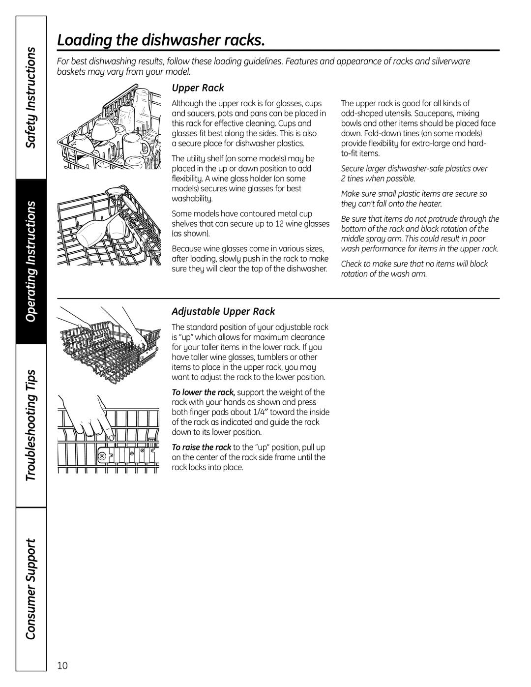 GE PDW 8800, PDW 9200, PDW 9800, PDW 8700 manual Loading the dishwasher racks, Safety, Adjustable Upper Rack 