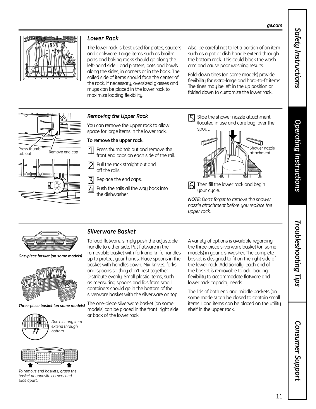 GE PDW 8700, PDW 9200, PDW 9800, PDW 8800 Lower Rack, Silverware Basket, Safety, Removing the Upper Rack, Consumer Support 