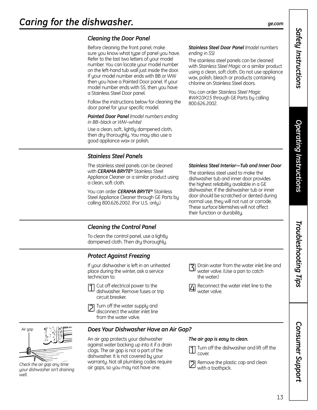 GE PDW 9800, PDW 9200, PDW 8800, PDW 8700 manual Caring for the dishwasher 