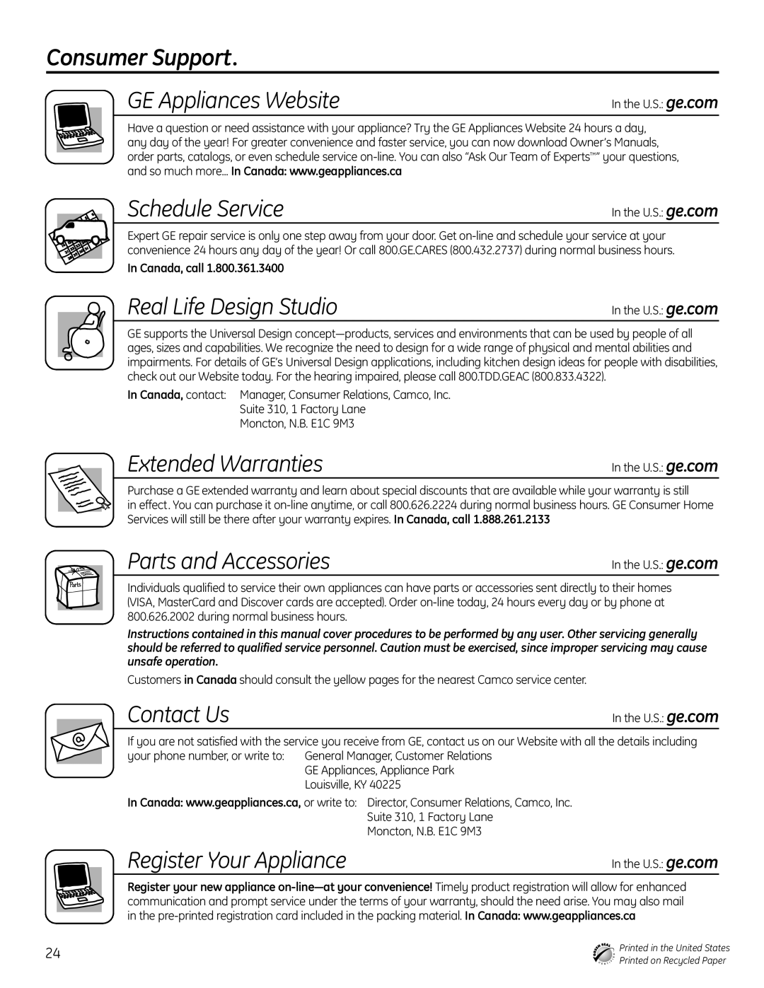 GE PDW 9200, PDW 9800, PDW 8800, PDW 8700 manual Consumer Support 