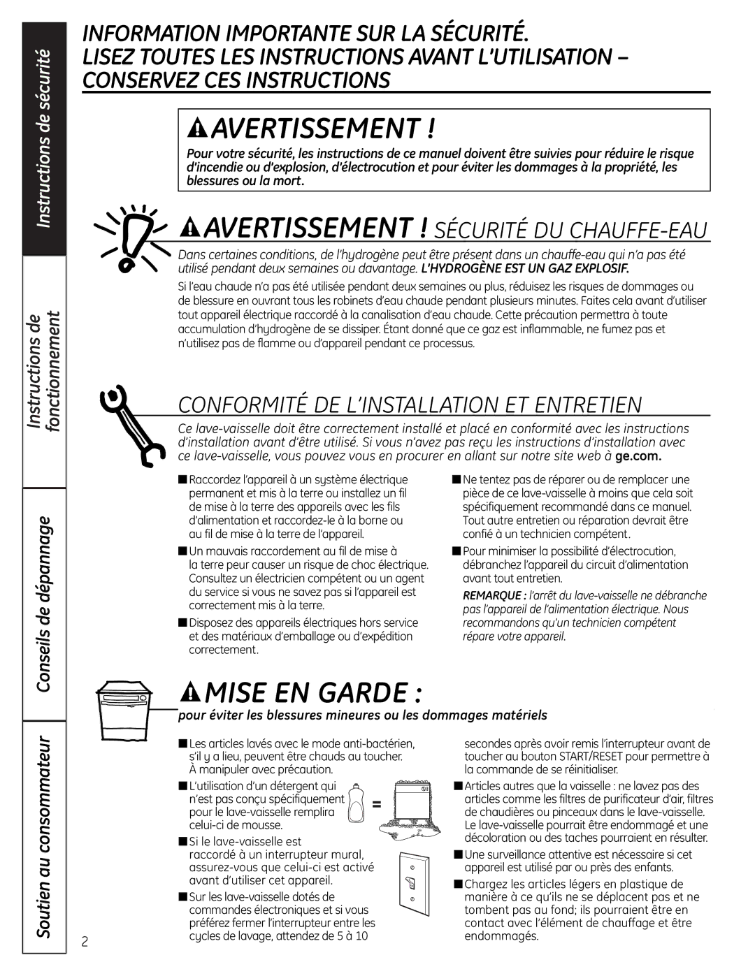 GE PDW 8800, PDW 9200, PDW 9800, PDW 8700 manual Instructions de Fonctionnement, Conseils de dépannage 