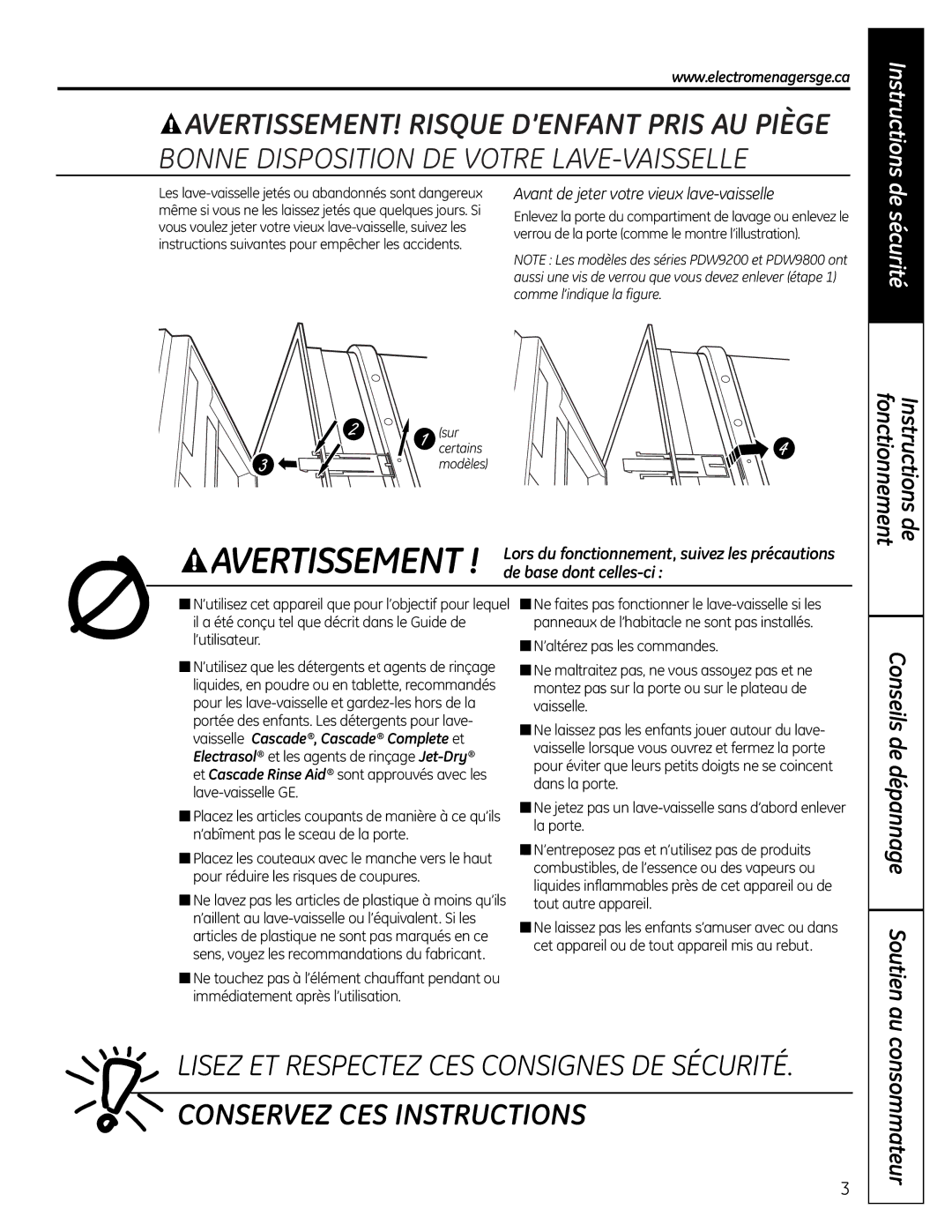 GE PDW 8700, PDW 9200, PDW 9800, PDW 8800 Fonctionnement Instructions de, Conseils de dépannage Soutien au, Consommateur 