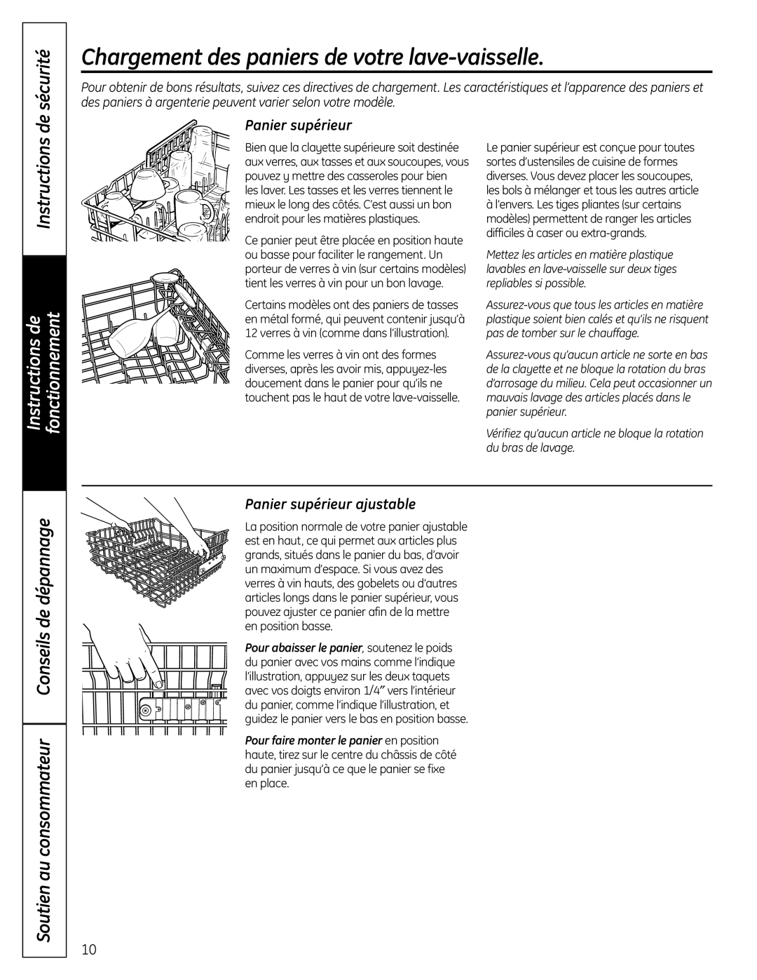 GE PDW 8800, PDW 9200, PDW 9800 Chargement des paniers de votre lave-vaisselle, Sécurité, Panier supérieur ajustable 