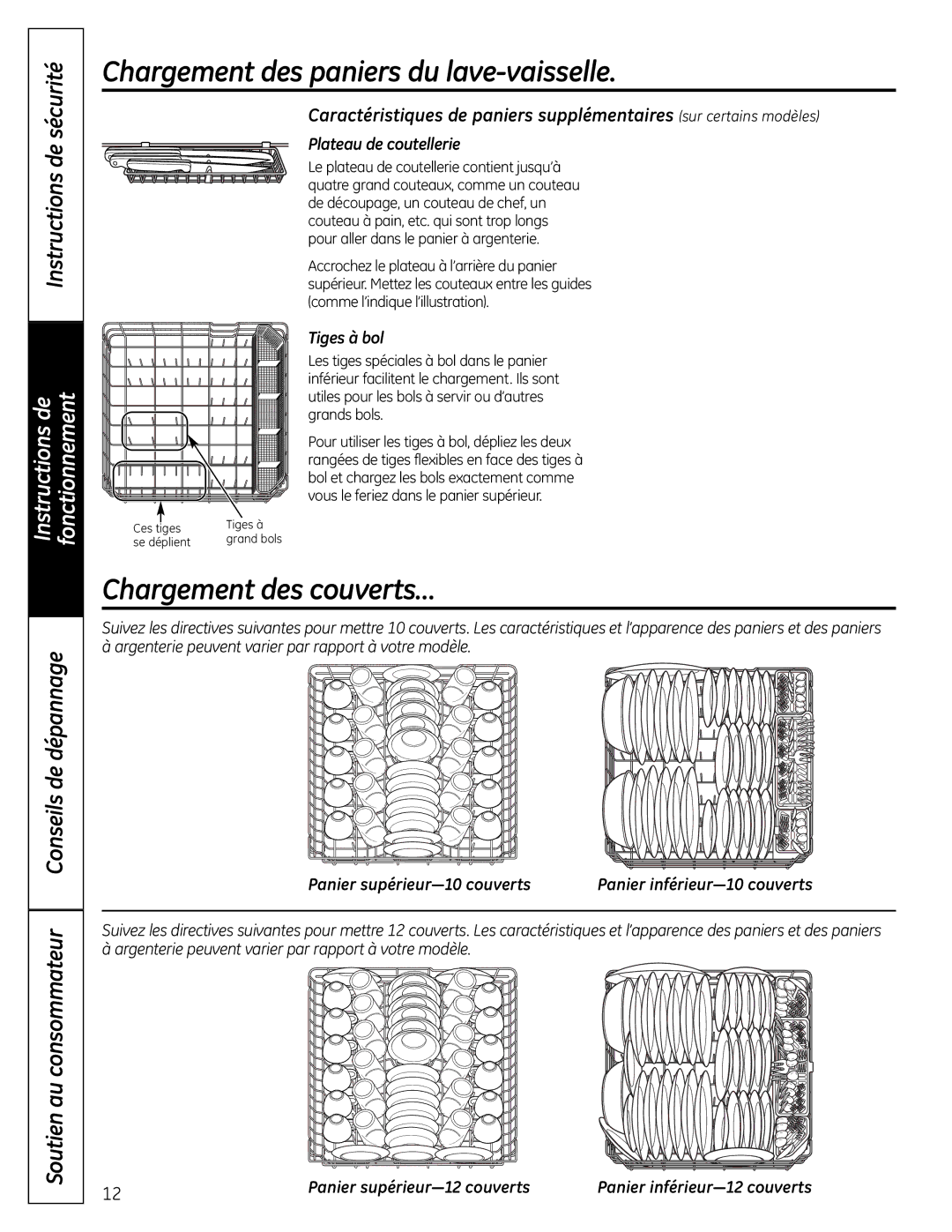 GE PDW 9200, PDW 9800, PDW 8800, PDW 8700 manual Chargement des paniers du lave-vaisselle, Chargement des couverts… 