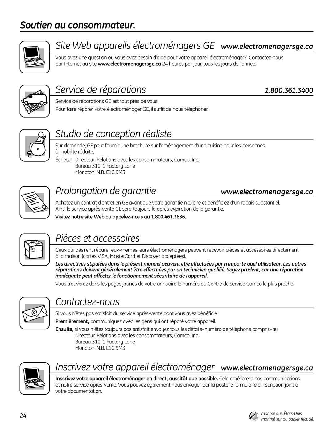 GE PDW 9200 manual Soutien au consommateur Service de réparations, Studio de conception réaliste, Prolongation de garantie 