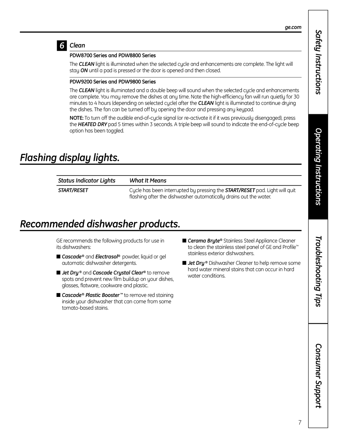 GE PDW 8700 manual Flashing display lights, Recommended dishwasher products, Clean, Status Indicator Lights What It Means 