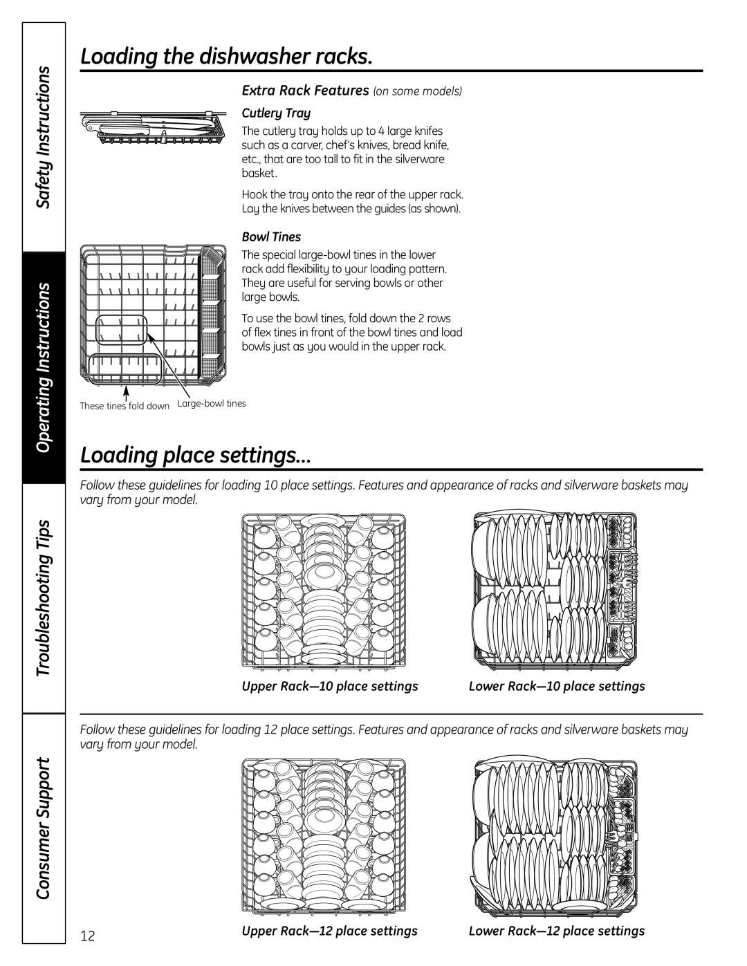 GE PDW 9200 Loading place settings…, Extra Rack Features on some models, Cutlery Tray, Bowl Tines, Safety Instructions 