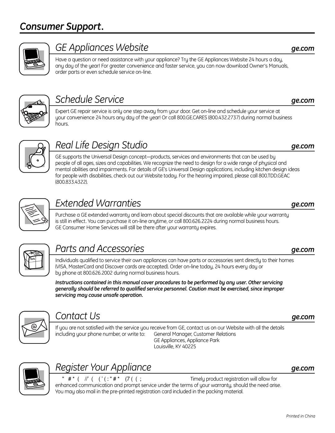 GE PDW1800 Series Consumer Support GE Appliances Website, Schedule Service, Real Life Design Studio, Extended Warranties 