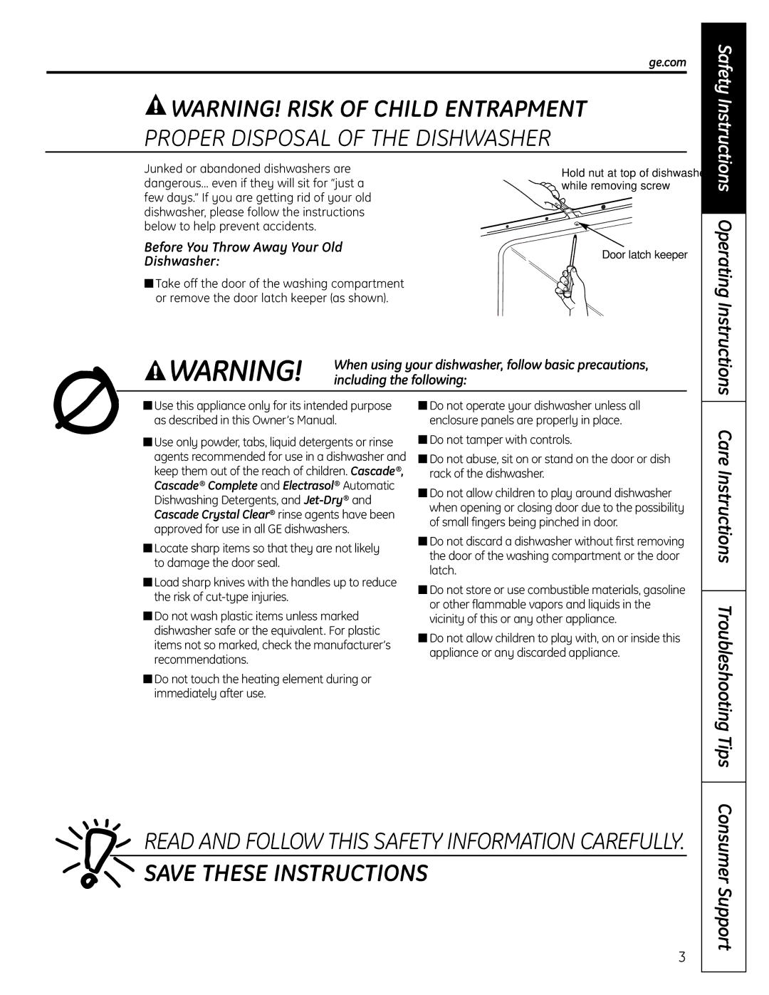 GE PDW1860 Series, PDW1800 Series Care Instructions Troubleshooting Tips, Consumer Support, Ge.com, Operating Instructions 