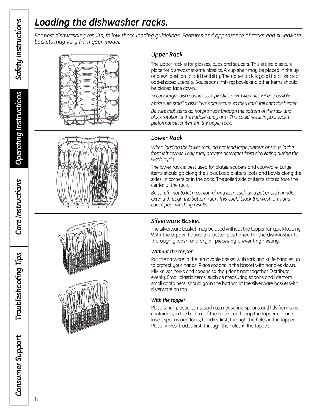 GE 165D4700P371, PDW1860 Series, PDW1800 Series Loading the dishwasher racks, Upper Rack, Lower Rack, Silverware Basket 