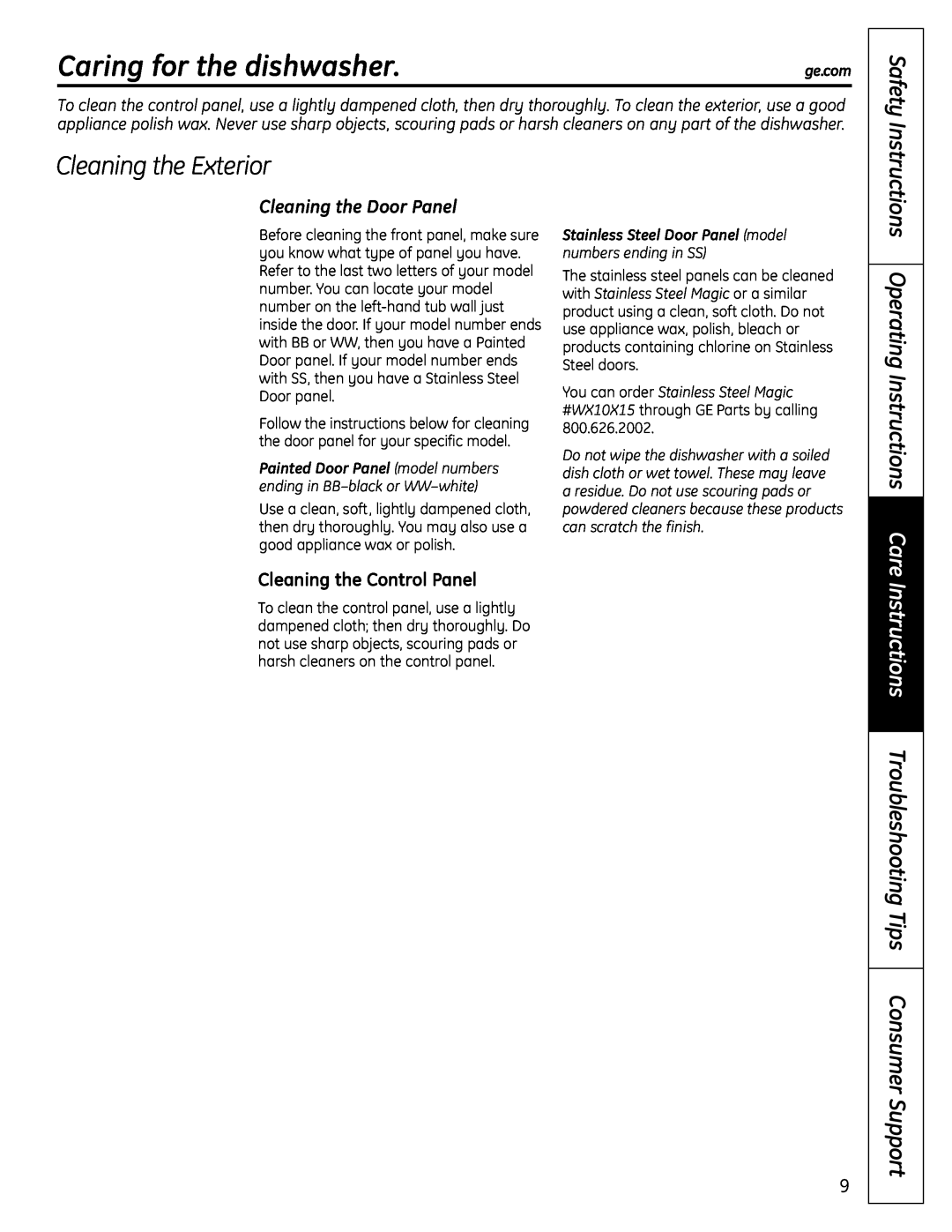 GE PDW1860 Series Caring for the dishwasher, Cleaning the Exterior, Instructions Troubleshooting Tips Consumer Support 