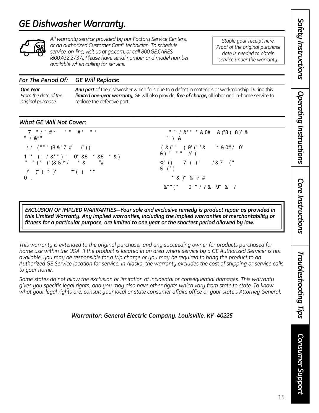 GE PDW1860NSS owner manual GE Dishwasher Warranty, Safety Instructions Operating, Instructions Care 