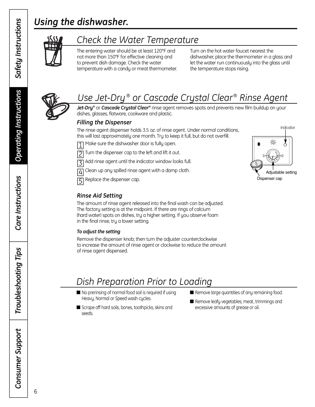 GE PDW1860NSS Using the dishwasher, Instructions Safety Instructions, Tips Care Instructions Operating, Rinse Aid Setting 