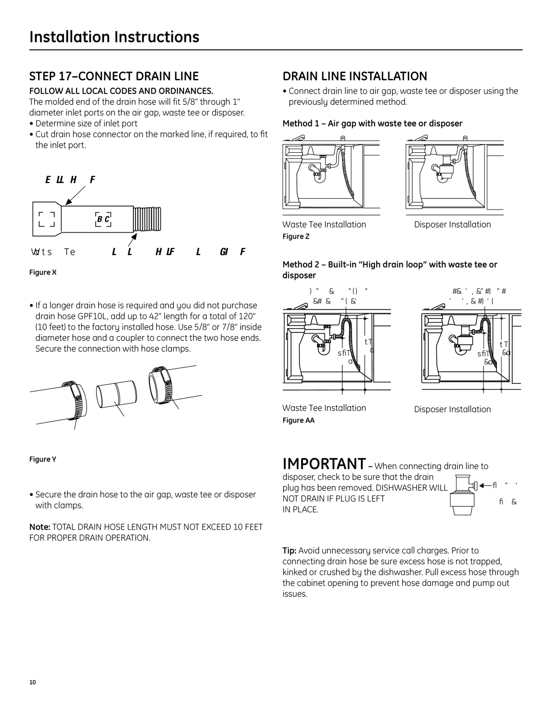 GE PDW7000, GSD6000 manual Connect Drain Line, Drain Line Installation, Method 1 Air gap with waste tee or disposer 