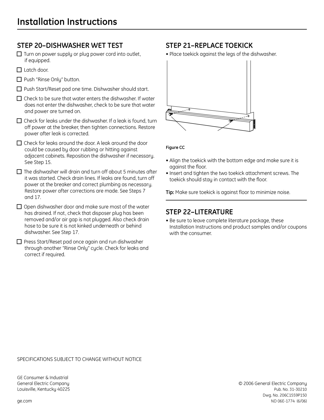 GE PDW7000, GSD6000 manual Dishwasher WET Test, Replace Toekick, Literature 