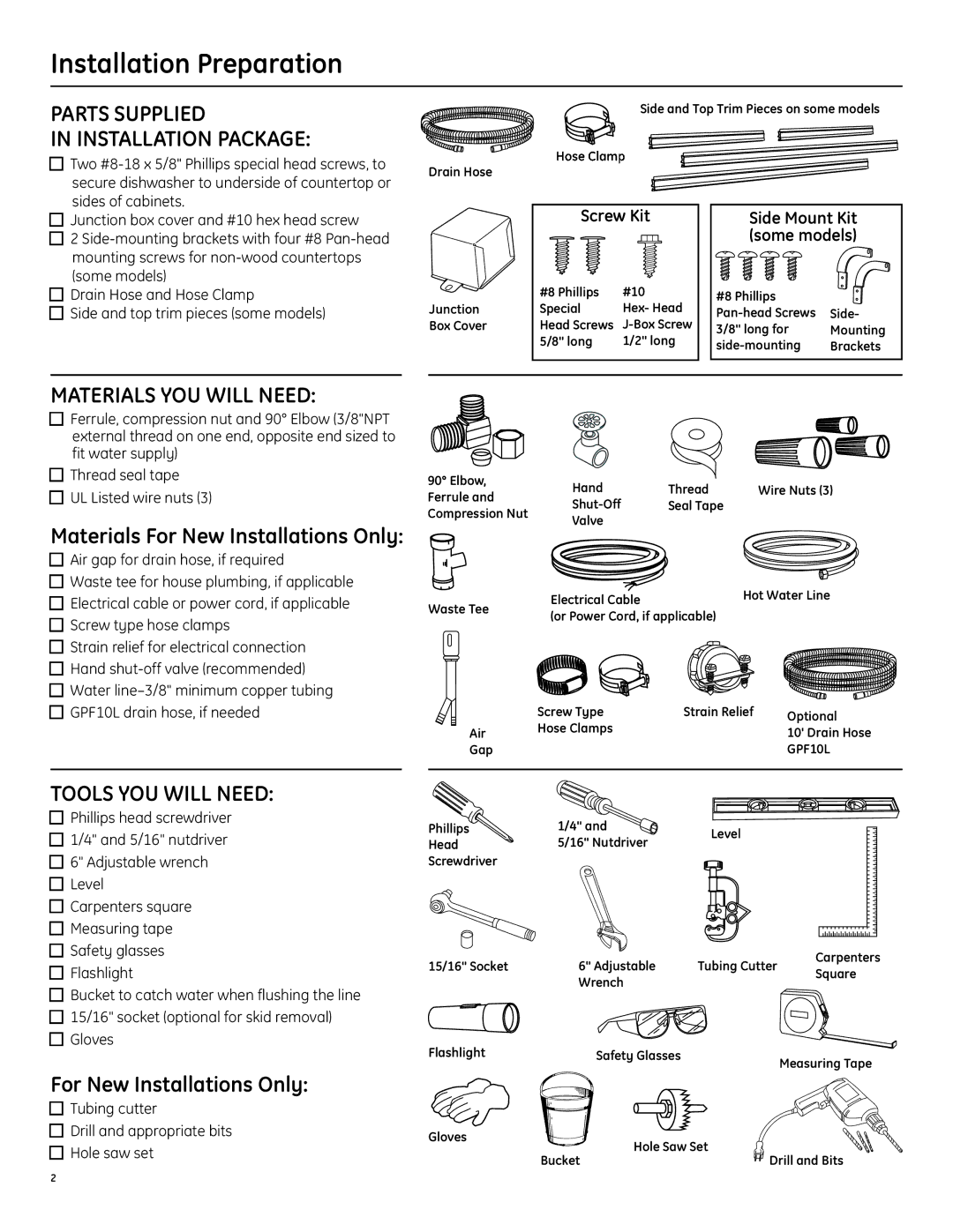 GE PDW7000, GSD6000 manual Parts Supplied Installation Package, Materials YOU will Need, Tools YOU will Need 