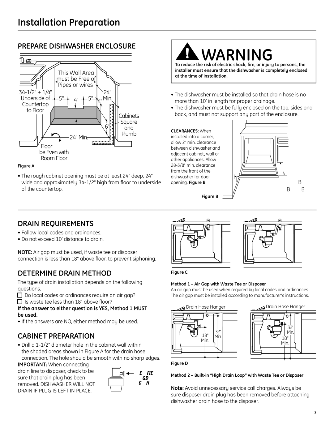 GE GSD6000, PDW7000 manual Prepare Dishwasher Enclosure, Drain Requirements, Determine Drain Method, Cabinet Preparation 