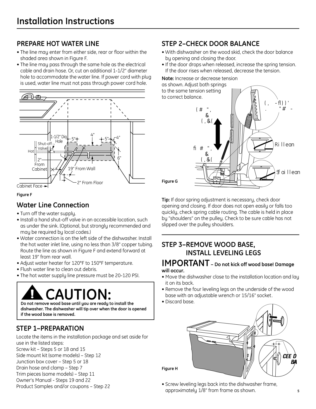 GE GSD6000, PDW7000 manual Prepare HOT Water Line, Check Door Balance, Preparation, Remove Wood Base Install Leveling Legs 