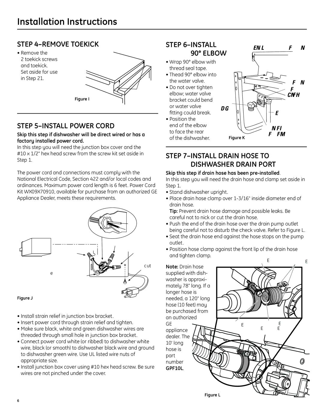 GE PDW7000, GSD6000 manual Remove Toekick, Install Power Cord, Skip this step if drain hose has been pre-installed 