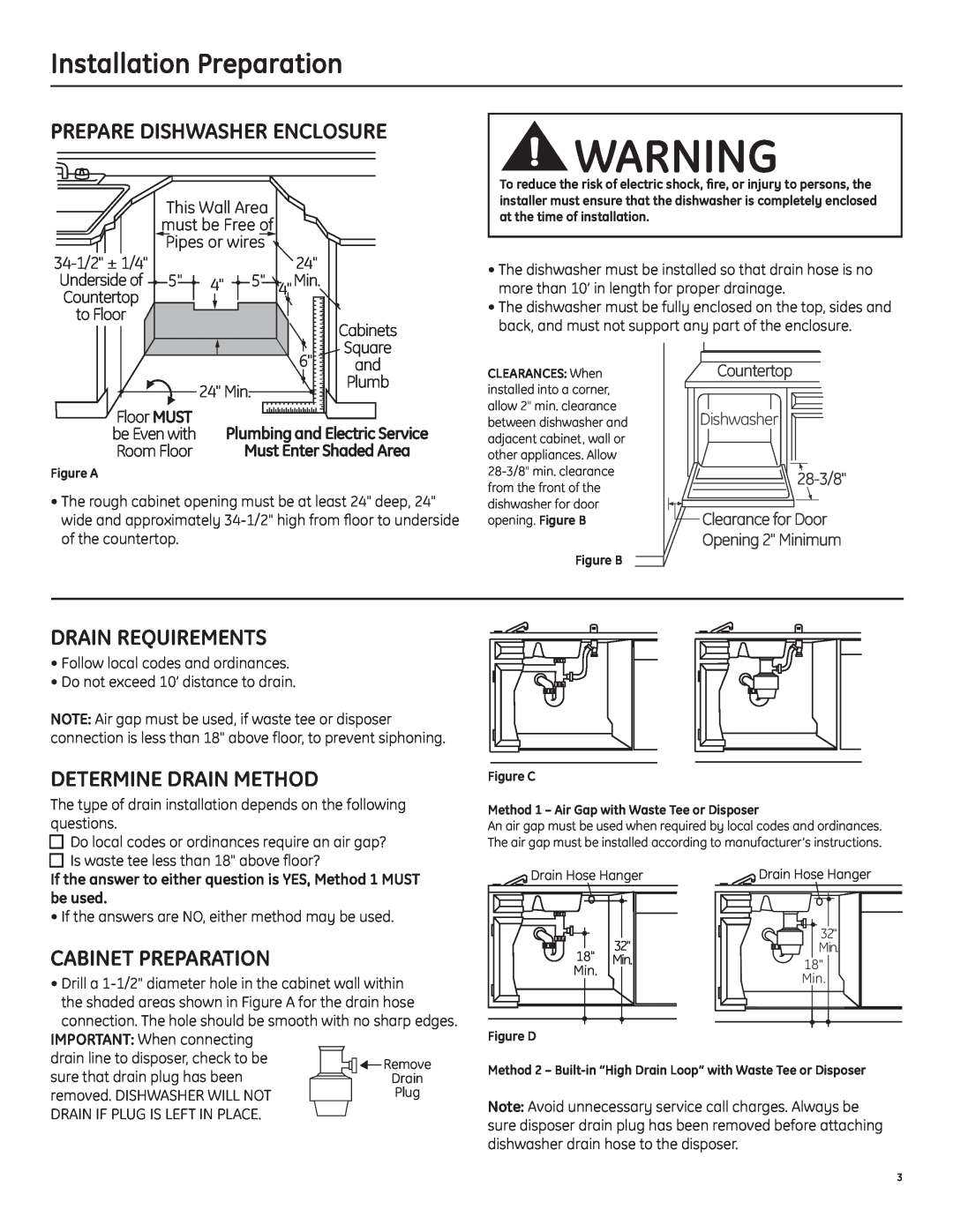 GE GSD6000, PDW7000 manual Prepare Dishwasher Enclosure, Drain Requirements, Determine Drain Method, Cabinet Preparation 