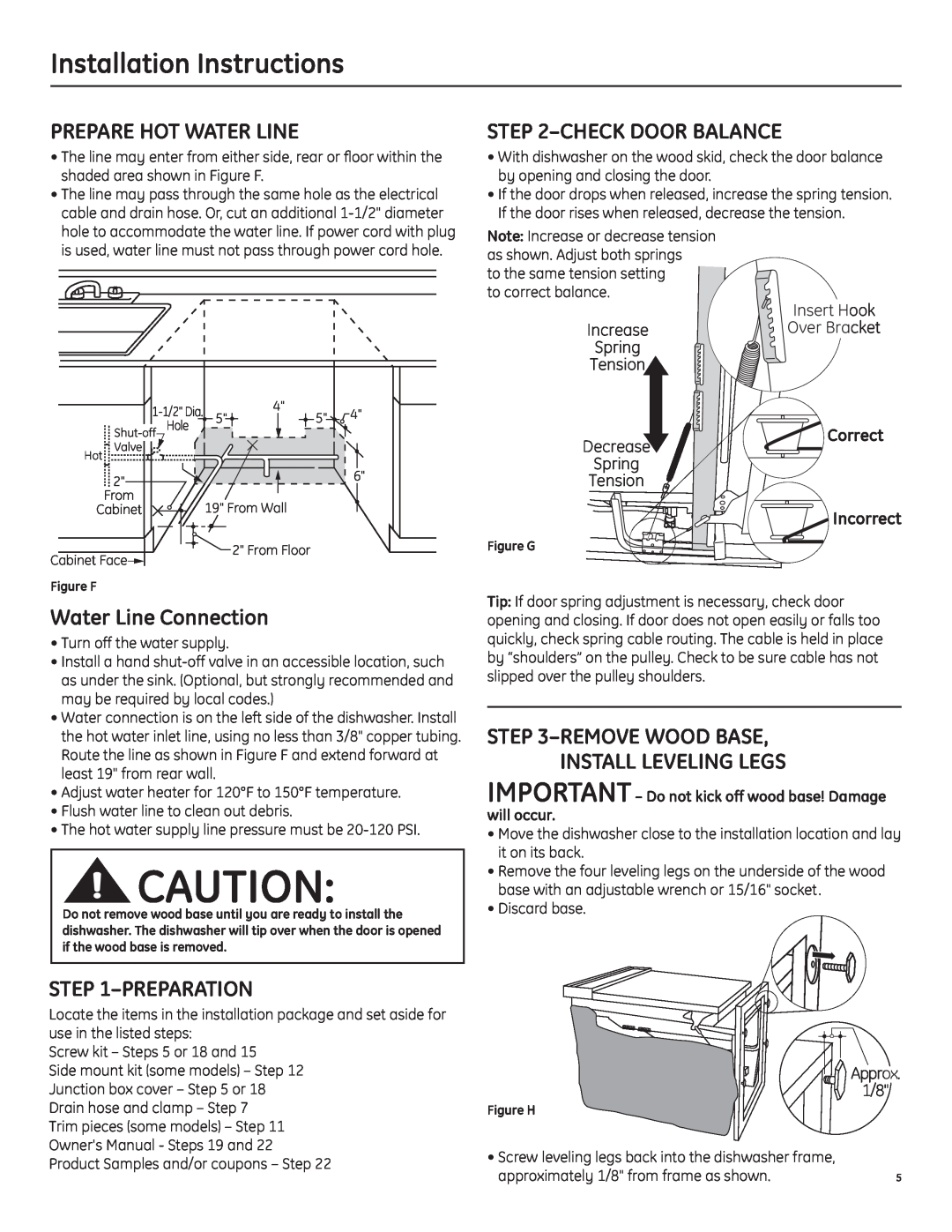 GE GSD6000 manual Installation Instructions, Prepare Hot Water Line, Check Door Balance, Water Line Connection, Preparation 